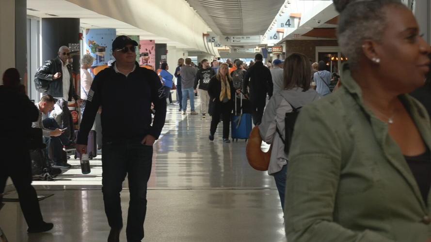 Travelers at the Louisville Muhammad Ali International Airport on May 4, 2023 ahead of Derby weekend