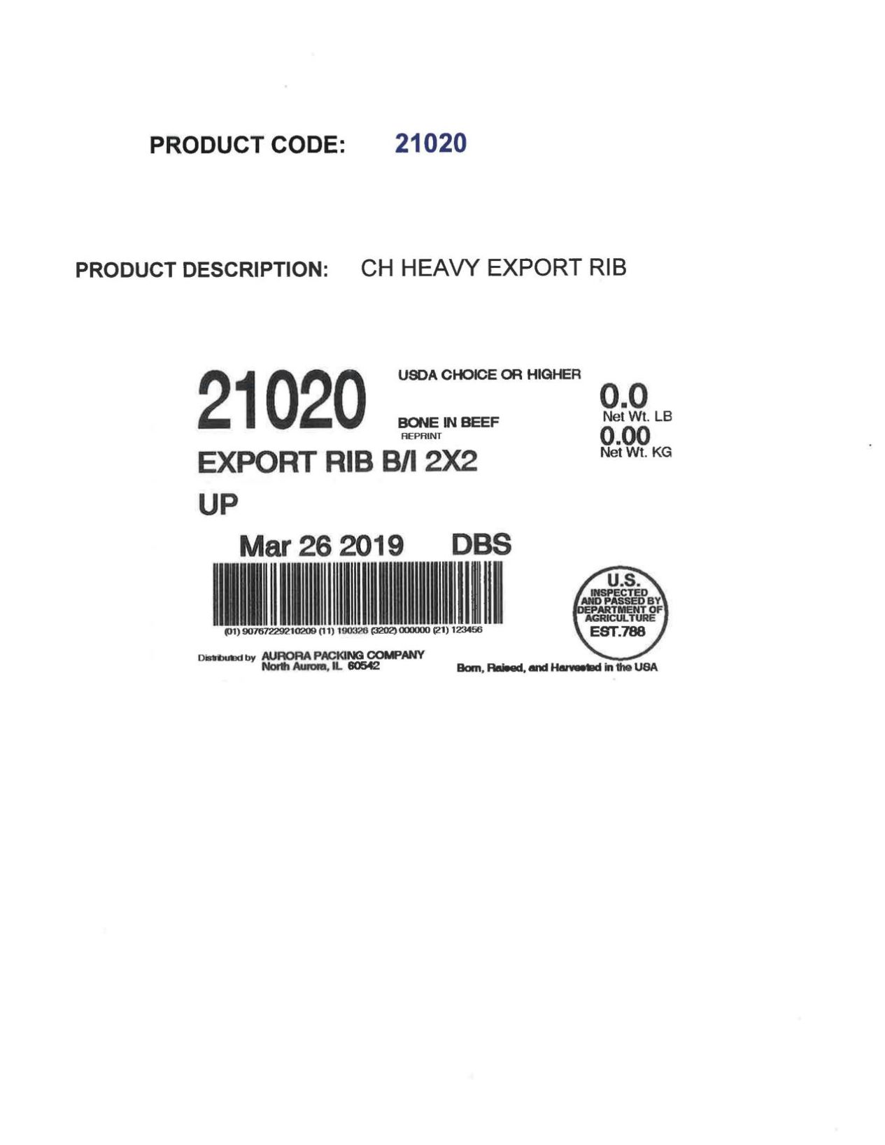 List of ground beef product labels recalled by Aurora Packing Company on May 22, 2019