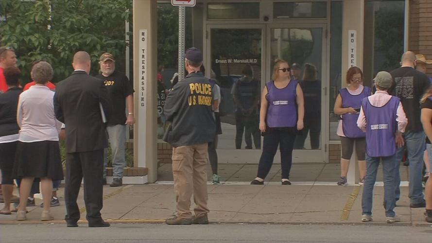 Crowd gathered outside EMW Women's Surgical Center on Market Street
