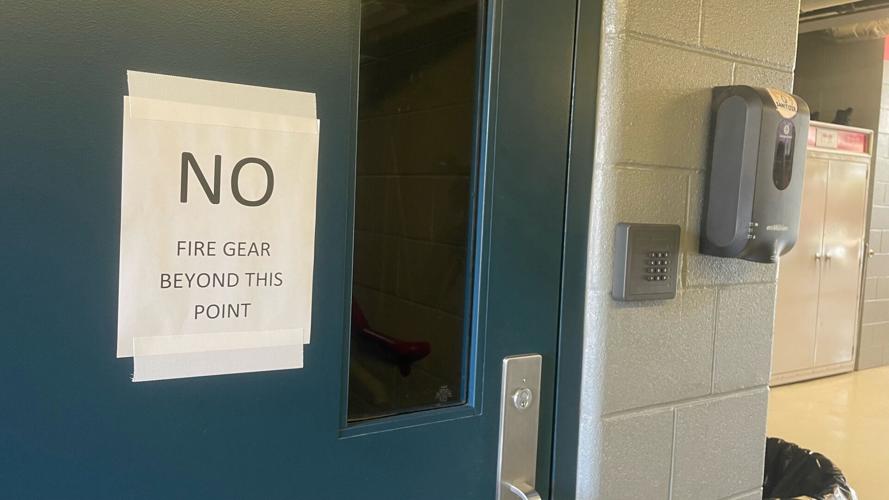 No Fire Gear Beyond This Point sign at Louisville Fire station 8-24-22