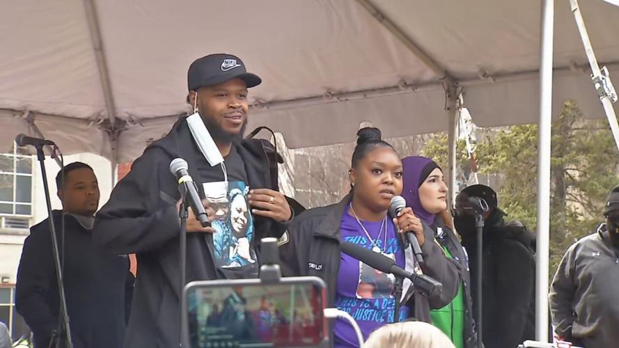 Kenneth Walker and Bianca Austin during rally marking one-year anniversary of Breonna Taylor's death