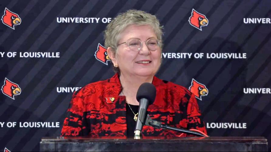 Dr. Kim Schatzel at news conference announcing her as the new UofL president