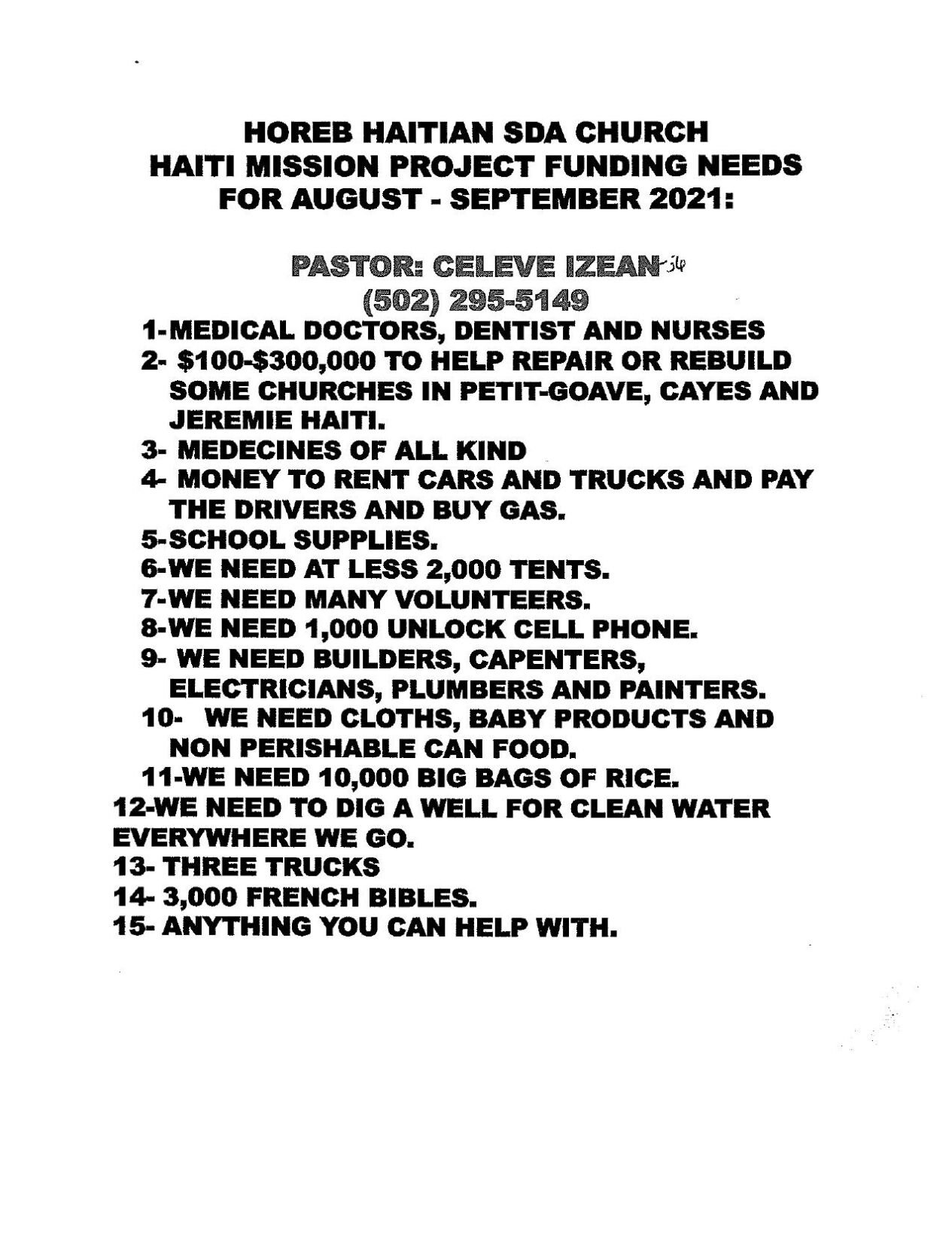 Haiti Mission Project funding needs