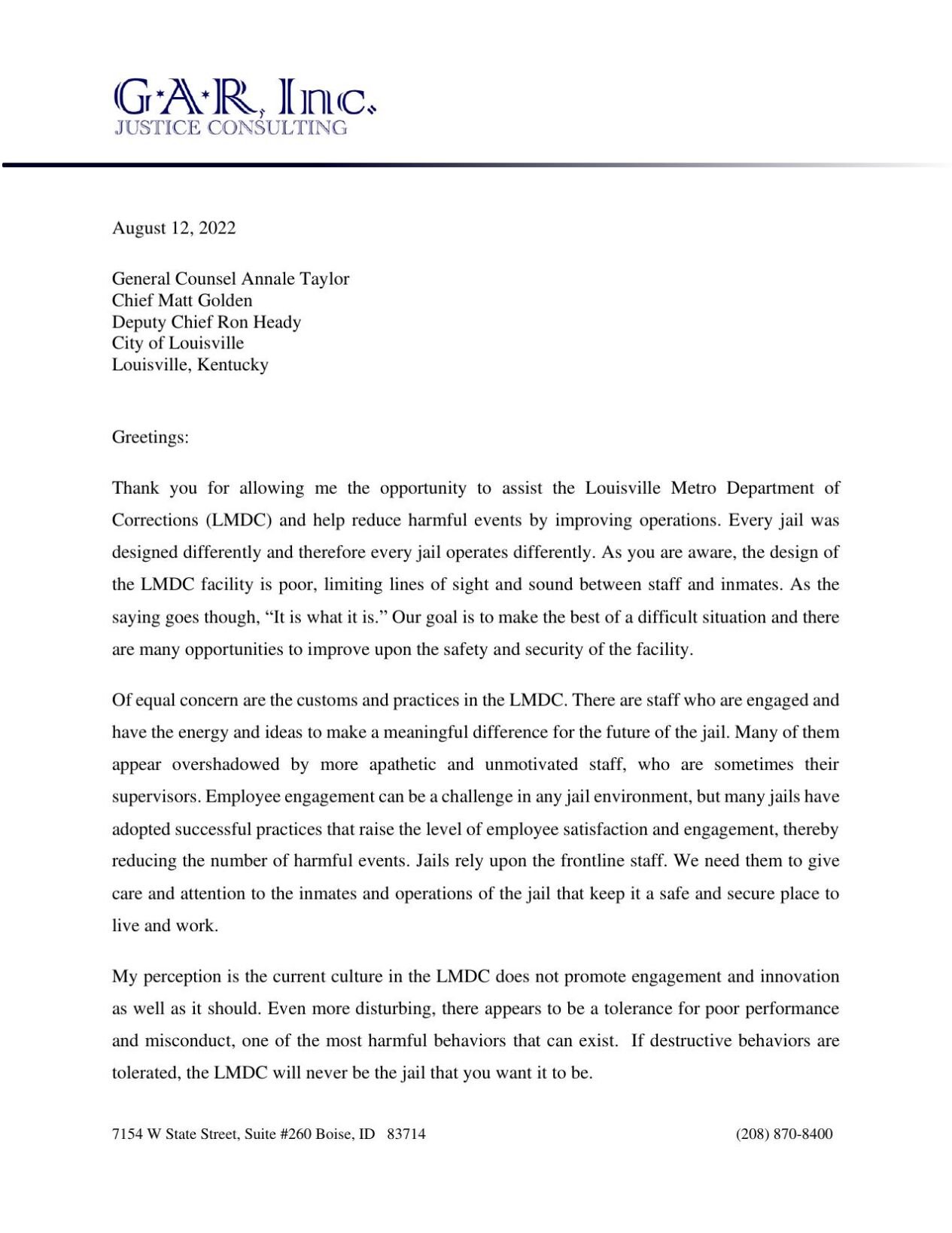 GAR Inc. Justice Consulting report
