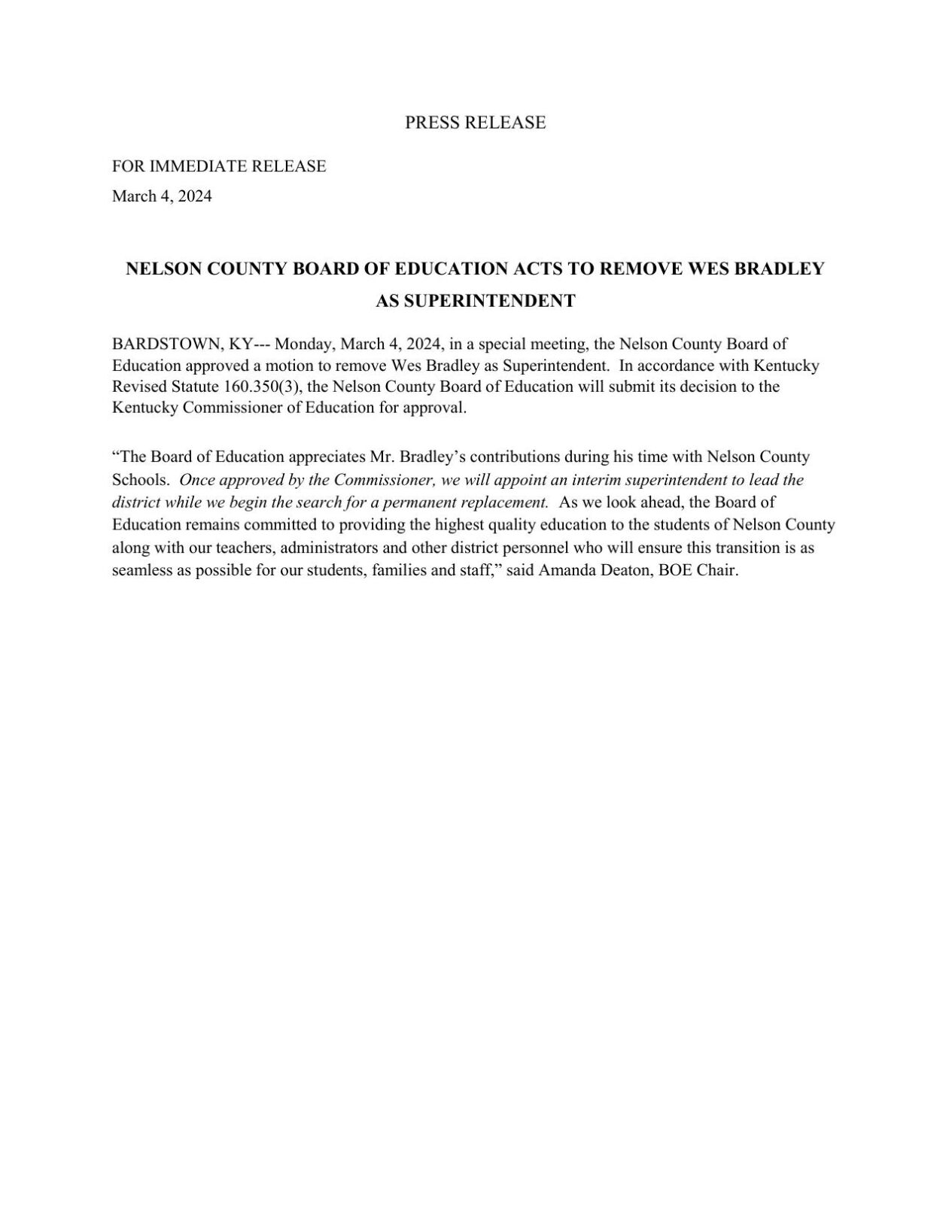 News release from Nelson County Board attorney