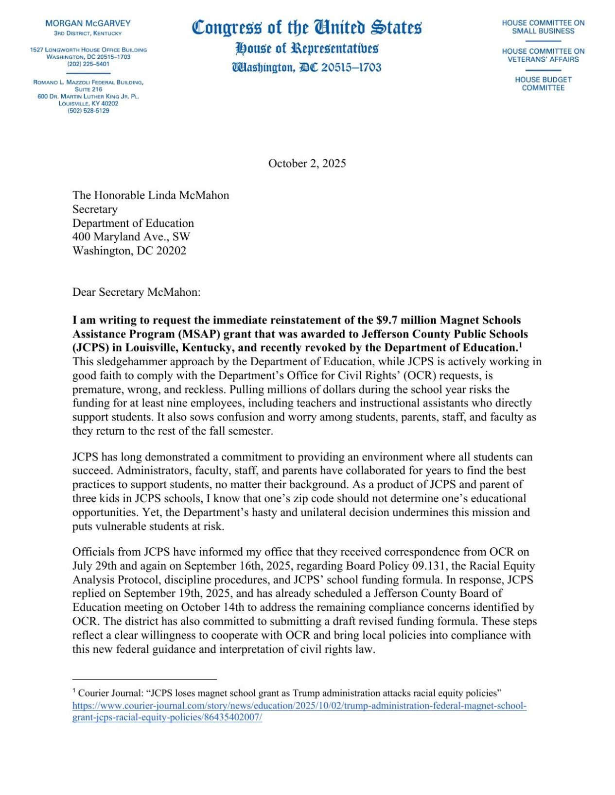 McGarvey Letter to DOE 10-2-2025