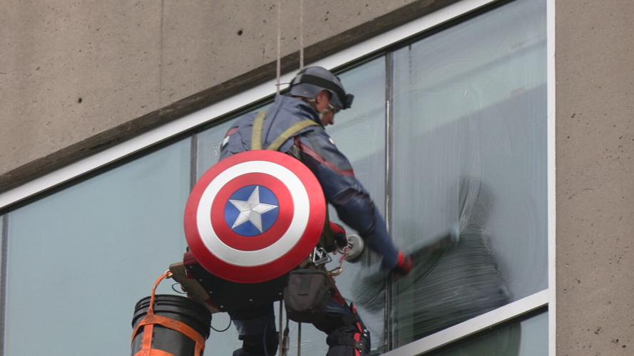 Window washers rappel from Norton Children's Hospital dressed as superheroes