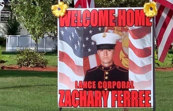 Sign welcoming Lance Corporal Zachary Ferree home to New Washington, Indiana, from Afghanistan