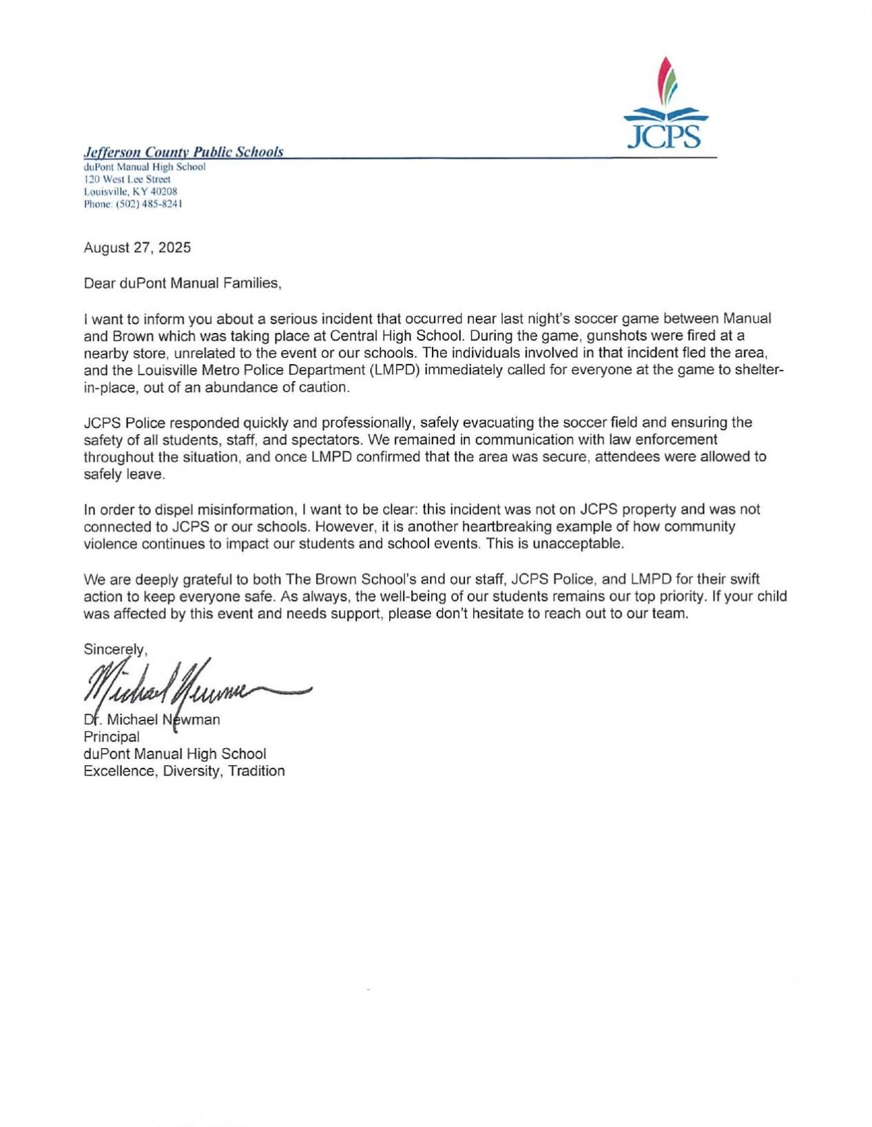 Shots fired at Manual v Brown soccer game letter to parents