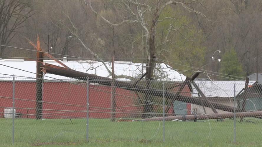 Snapped utility pole on Green Valley Road in New Albany, Indiana