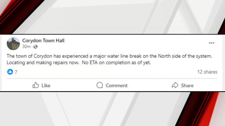 Social media post from Corydon officials about water line break