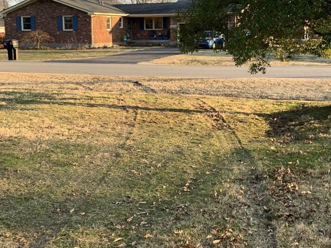 Tire marks in grass from police chase that ended with man shot by LMPD officer