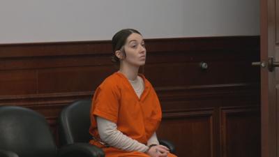 Tiffanie Lucas sits in a Bullitt County courtroom on Jan. 8, 2024 for a status hearing. (WDRB photo)