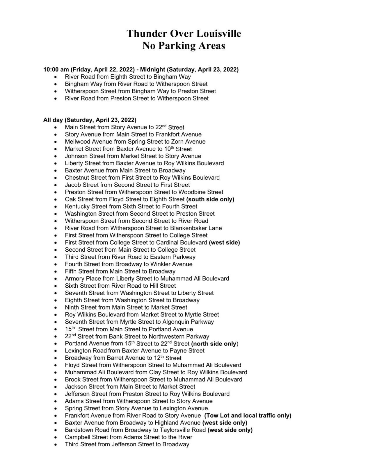 Thunder Over Louisville 2022 No Parking Areas