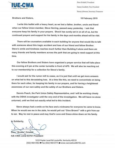 GE union letter on death of Steve Herring