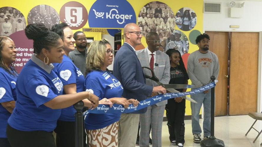 Kroger Simmons food pantry restocking ribbon cutting