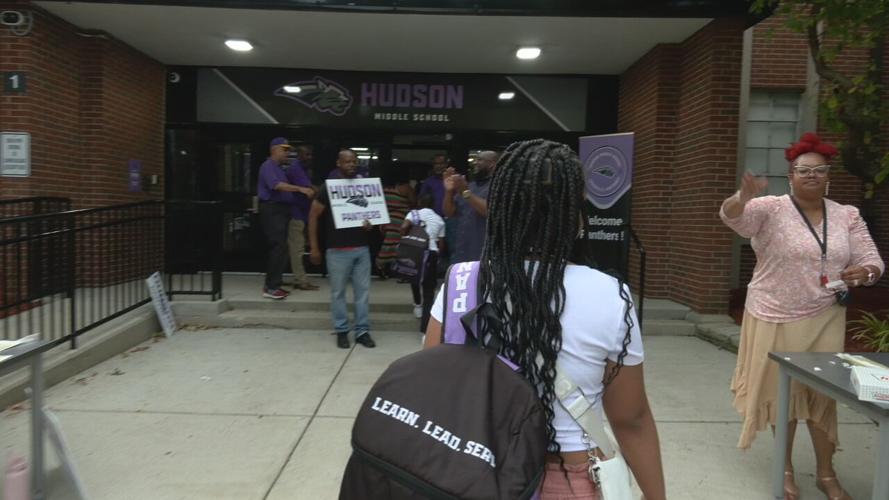Students arrive for first day at Hudson Middle School