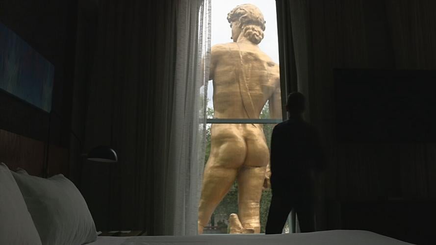 Statue of David as seen from room in 21C hotel in downtown Louisville