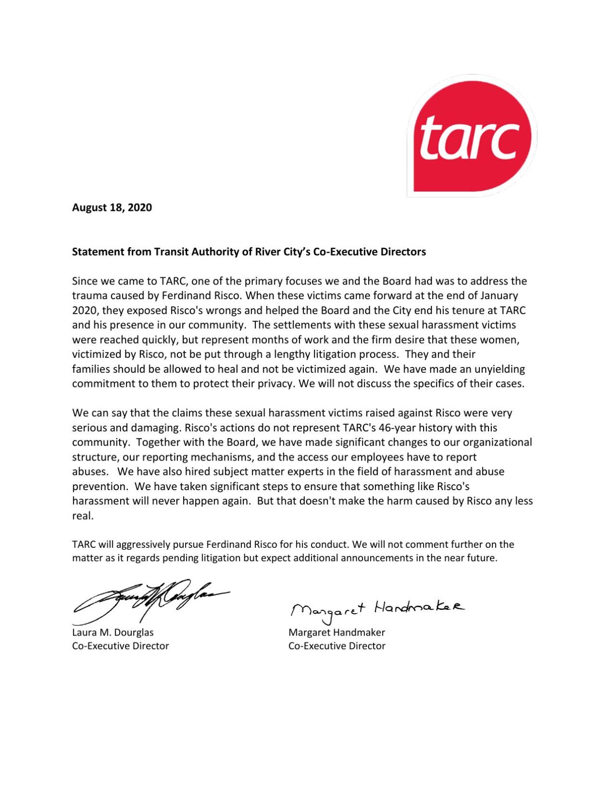 Aug. 18, 2020 TARC statement on Ferdinand Risco Jr.