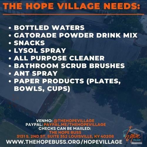 The Hope Village donation flyer listing needs