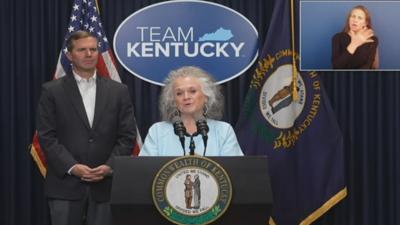 Gov. Beshear near Mayfield Mayor Kathy O'Nan