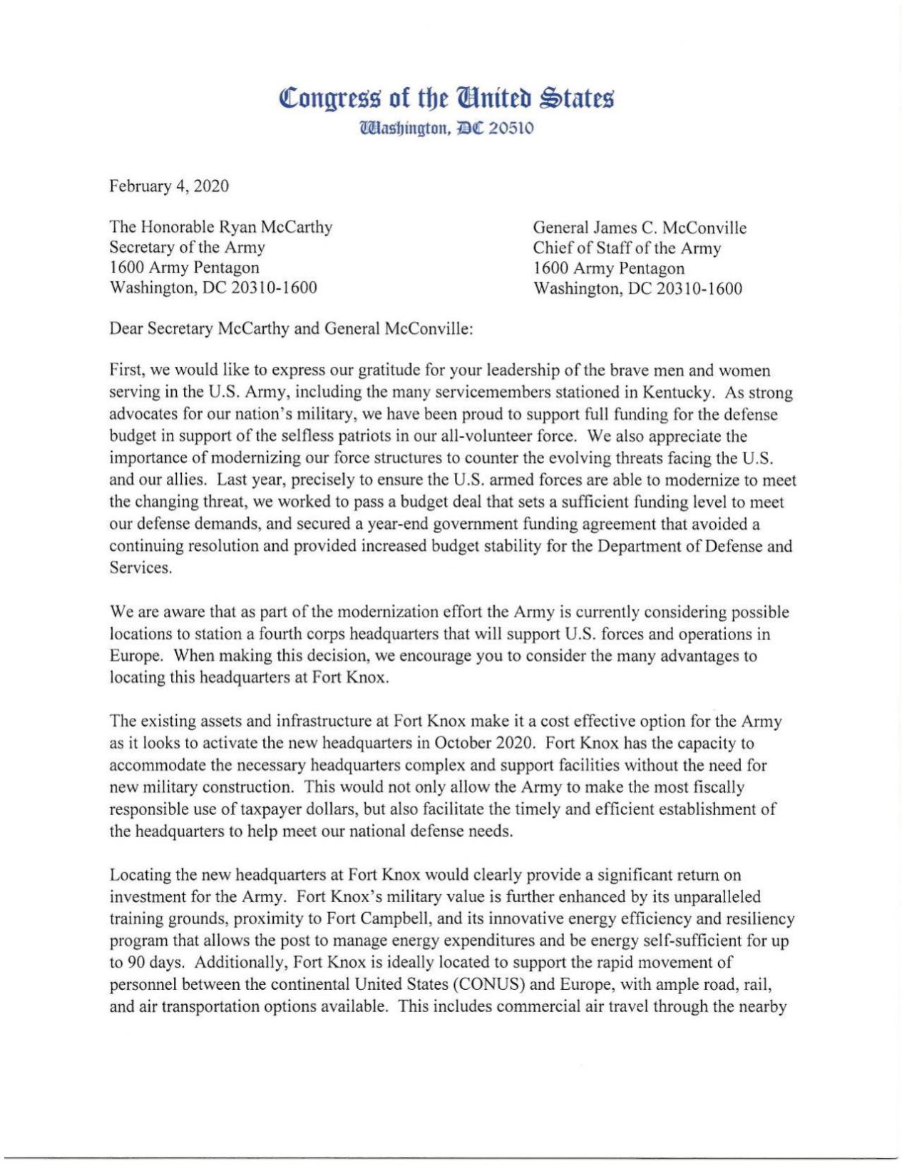 McConnell, Paul letter to Army Secretary re Fort Knox