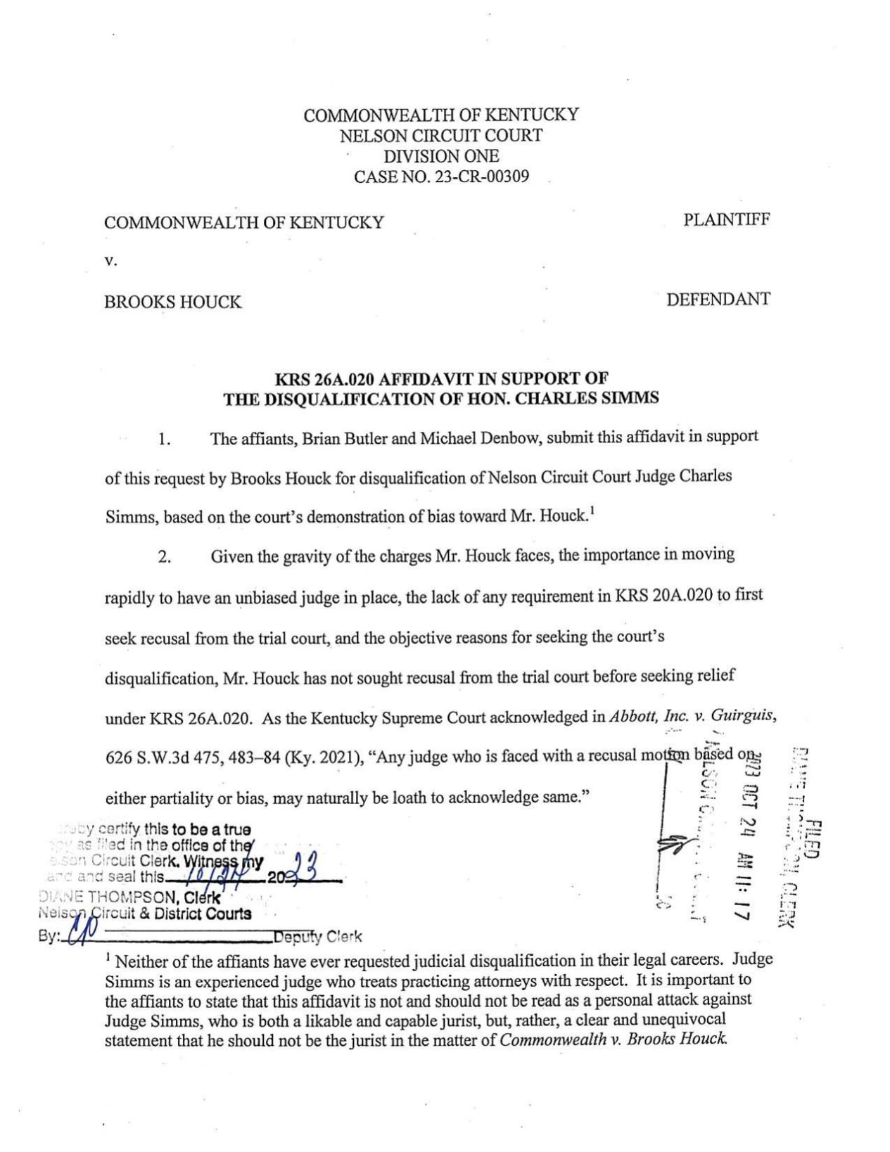 Brooks Houck Request For New Judge
