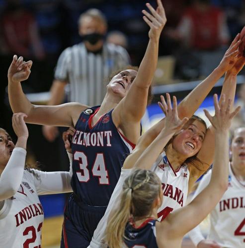 Belmont forward Cam Browning (34) fights Indiana guard Ali Patberg (14) for a rebound