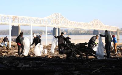 Volunteers on Waterfront Park lawn