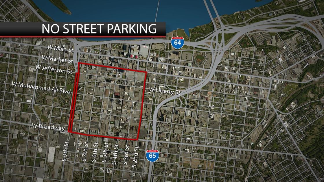 MAP Area where no street parking allowed in downtown Louisville on