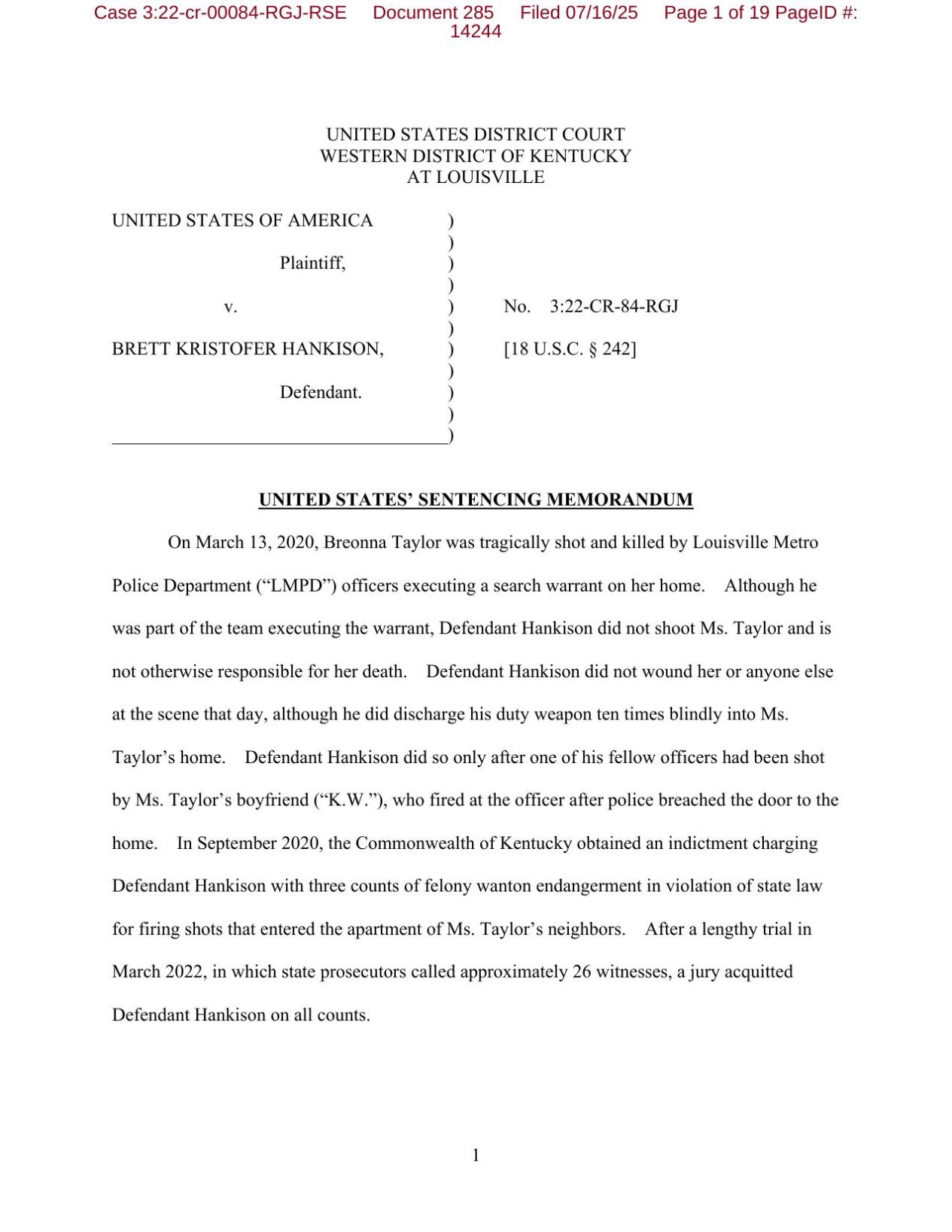 Brett Hankison Sentencing Memorandum