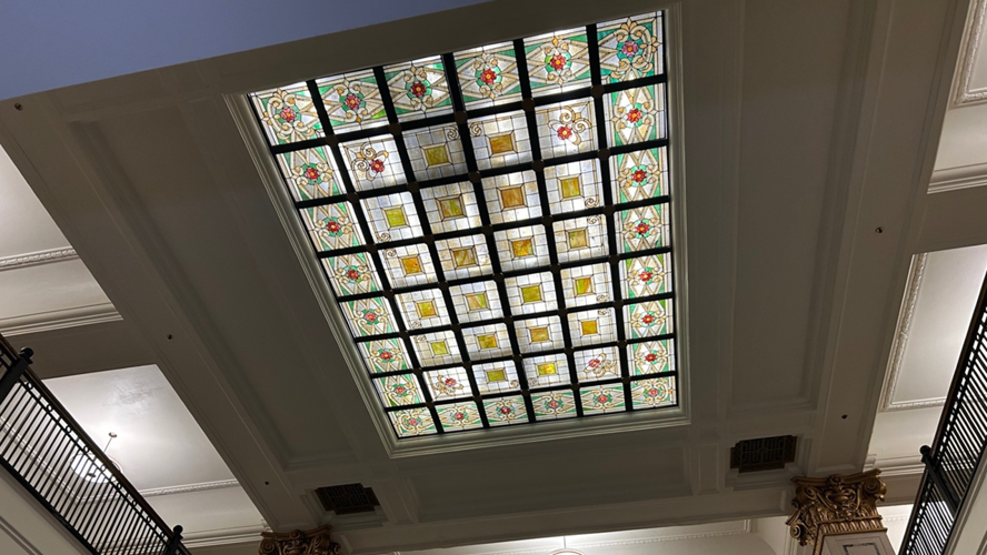 Henry Clay vaulted ceiling with original stained glass