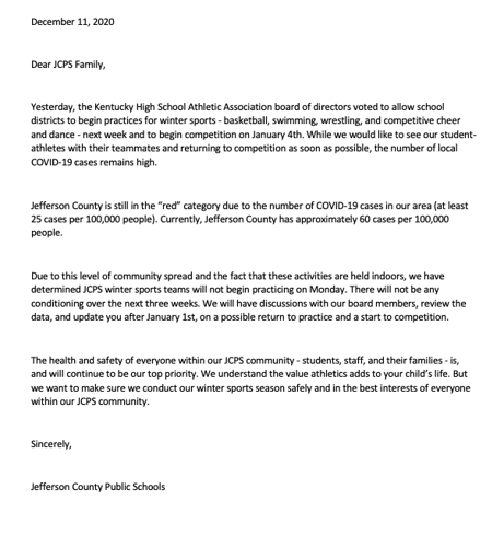 JCPS sports letter to families