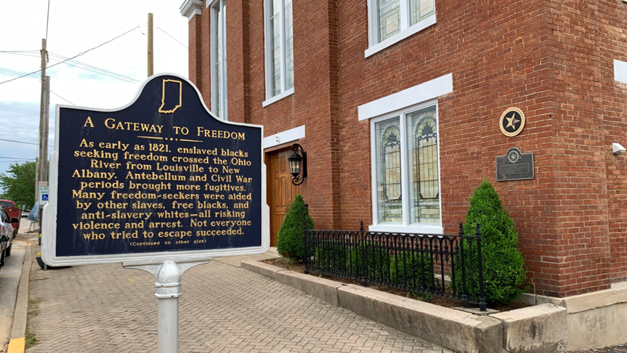 Town Clock Church history sign in New Albany, Indiana