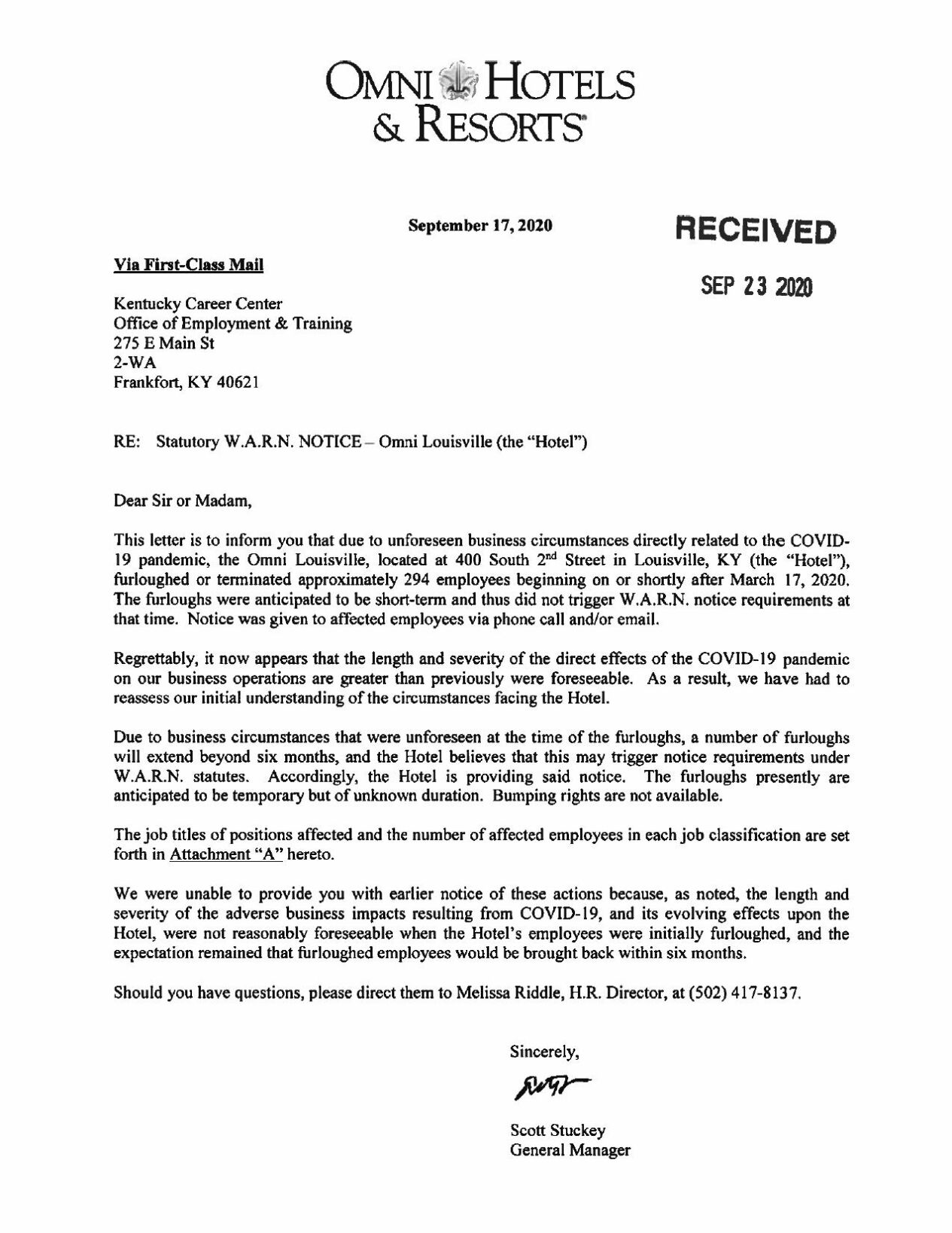 Omni Hotel WARN notice 9-17-20
