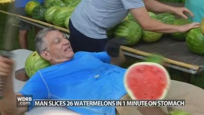 Man sets Guinness World Record by slicing watermelons on stomach