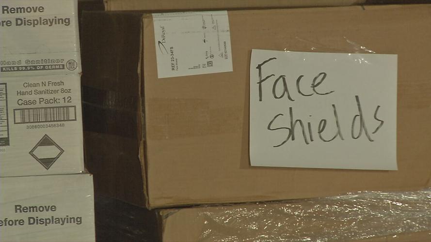 Boxes of face shields and PPE donated by SOS to JCPS on Feb. 26, 2021