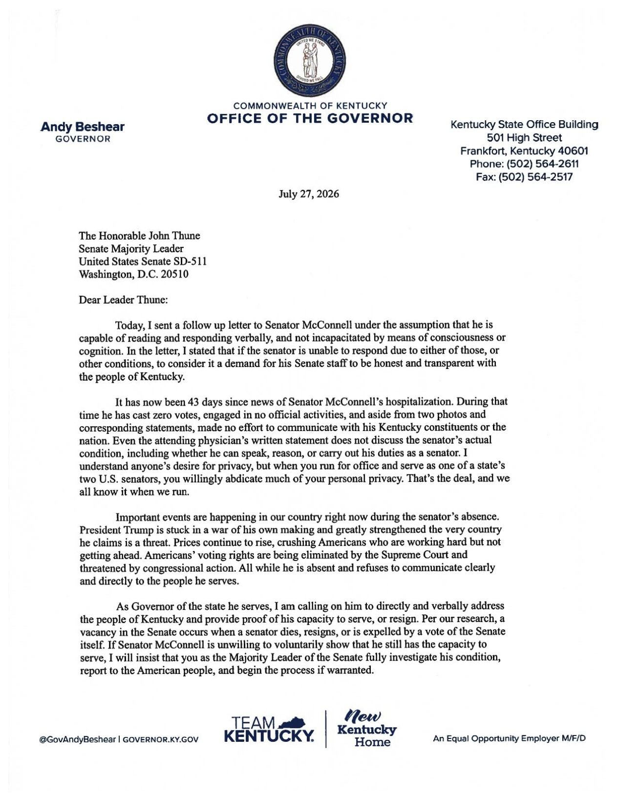 Beshear letter to Thune about McConnell 7/27