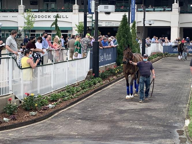 Crowd watches horses come through paddock at Churchill Downs 4-28-21.jpg