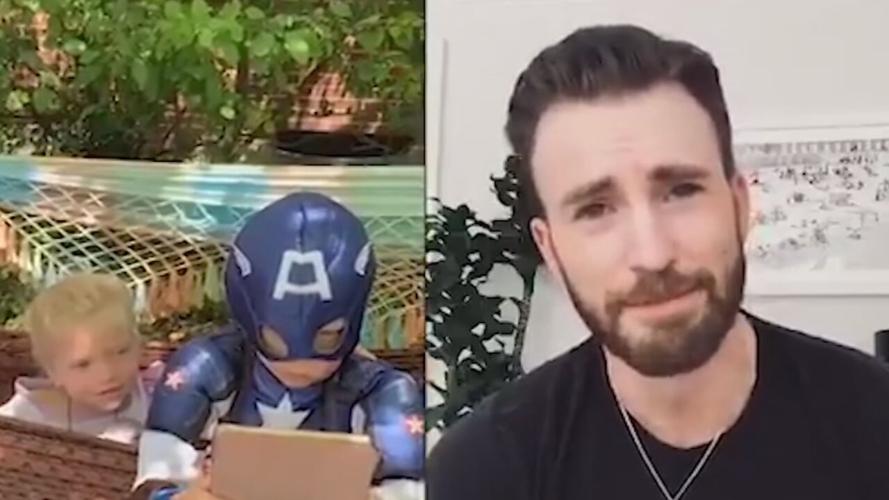 Bridger Walker Evans in Captain America costume listening to video message