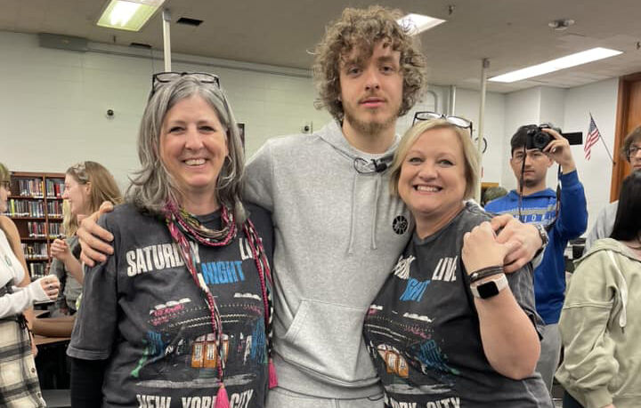 Jack Harlow visits with librarians at Atherton High School on April 27, 2023