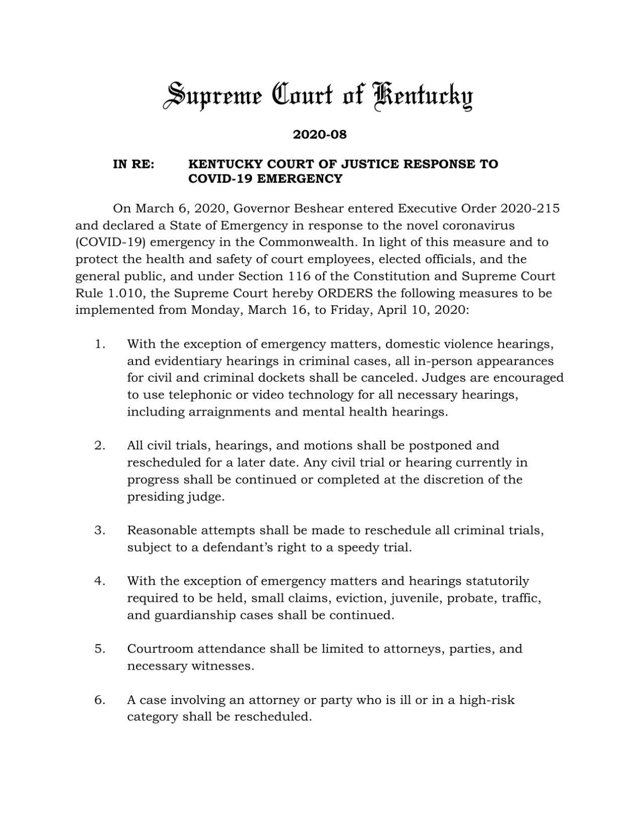 Ky. Court of Justice COVID-19 Emergency Response