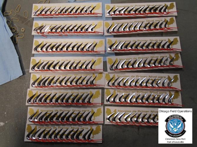 Cockfighting spurs seized by federal authorities at UPS Worldport in Louisville on Feb. 6, 2023