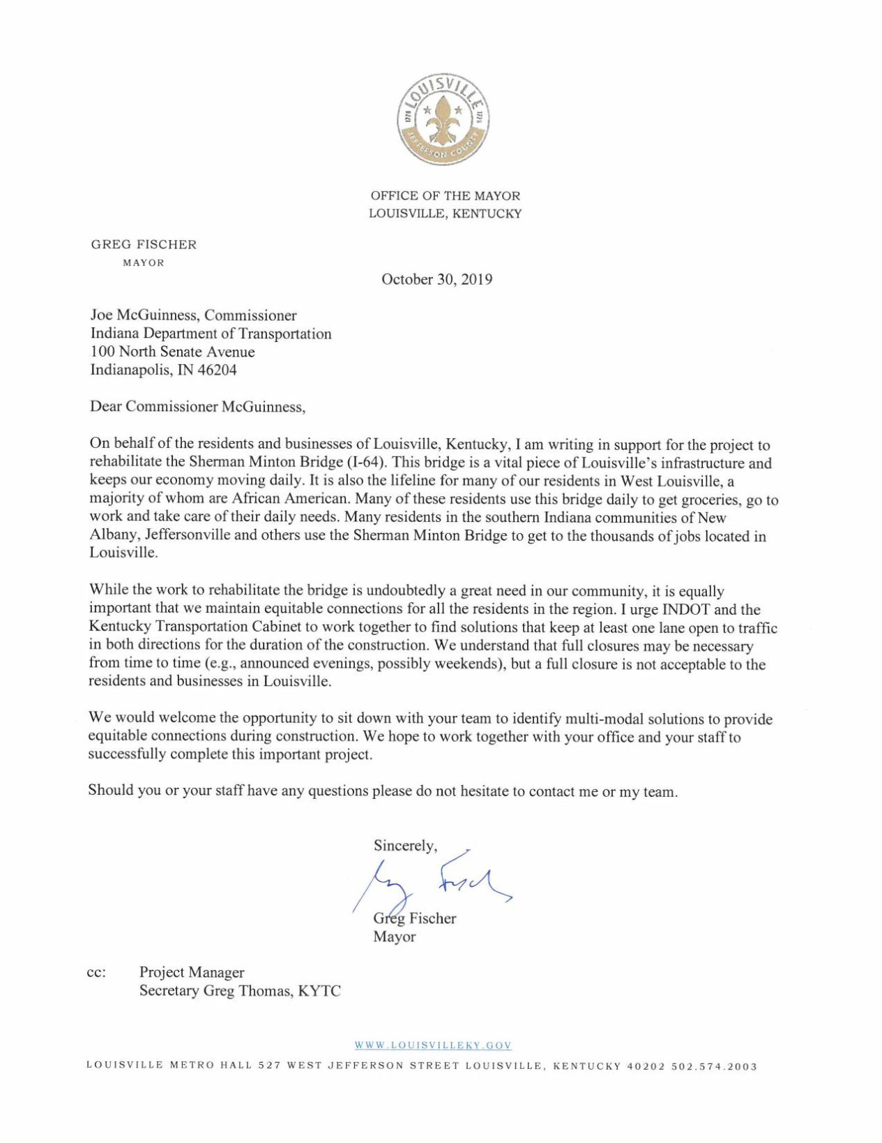 Louisville Mayor Greg Fischer letter