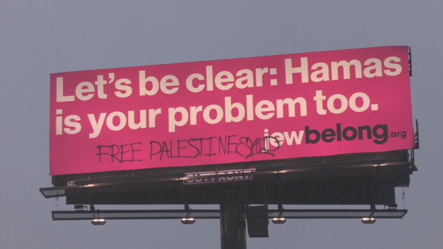 JEWBELONG HAMAS BILLBOARD DEFACED