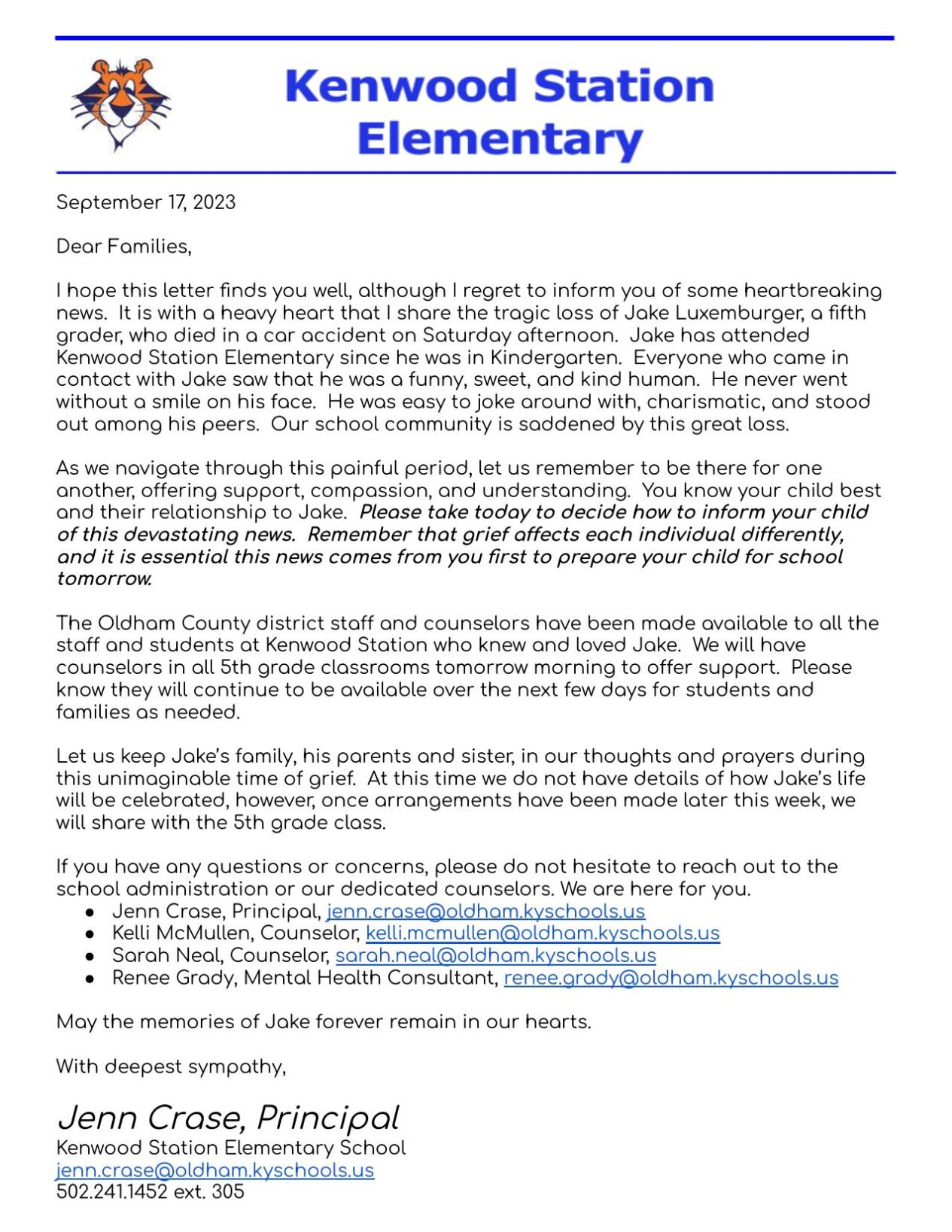 Kenwood Station letter sent home to parents