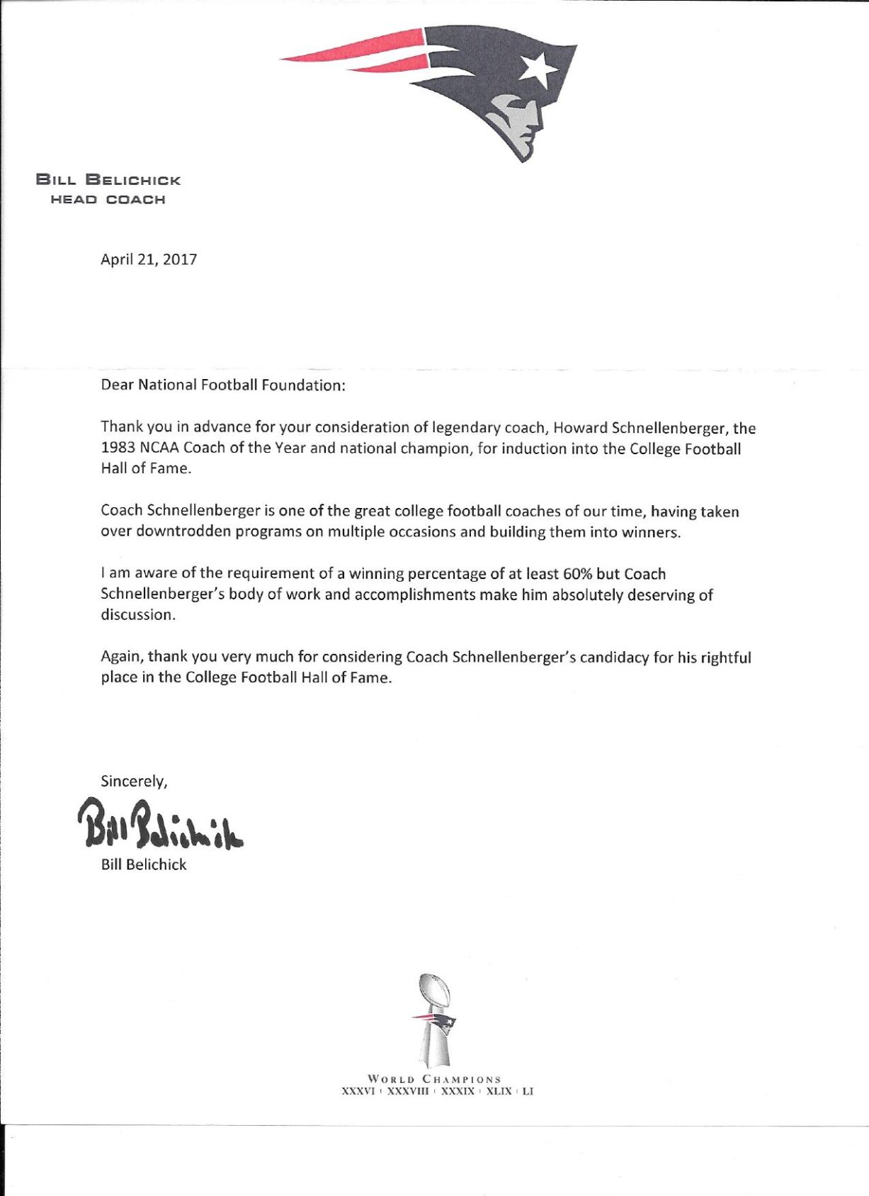 Bill Belichick's letter pushing for Howard Schnellenberger's Hall of Fame nomination