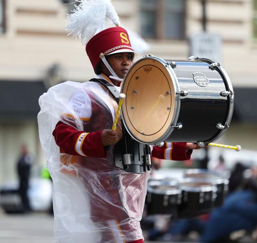 Simmons College drummer plays at parade.JPG