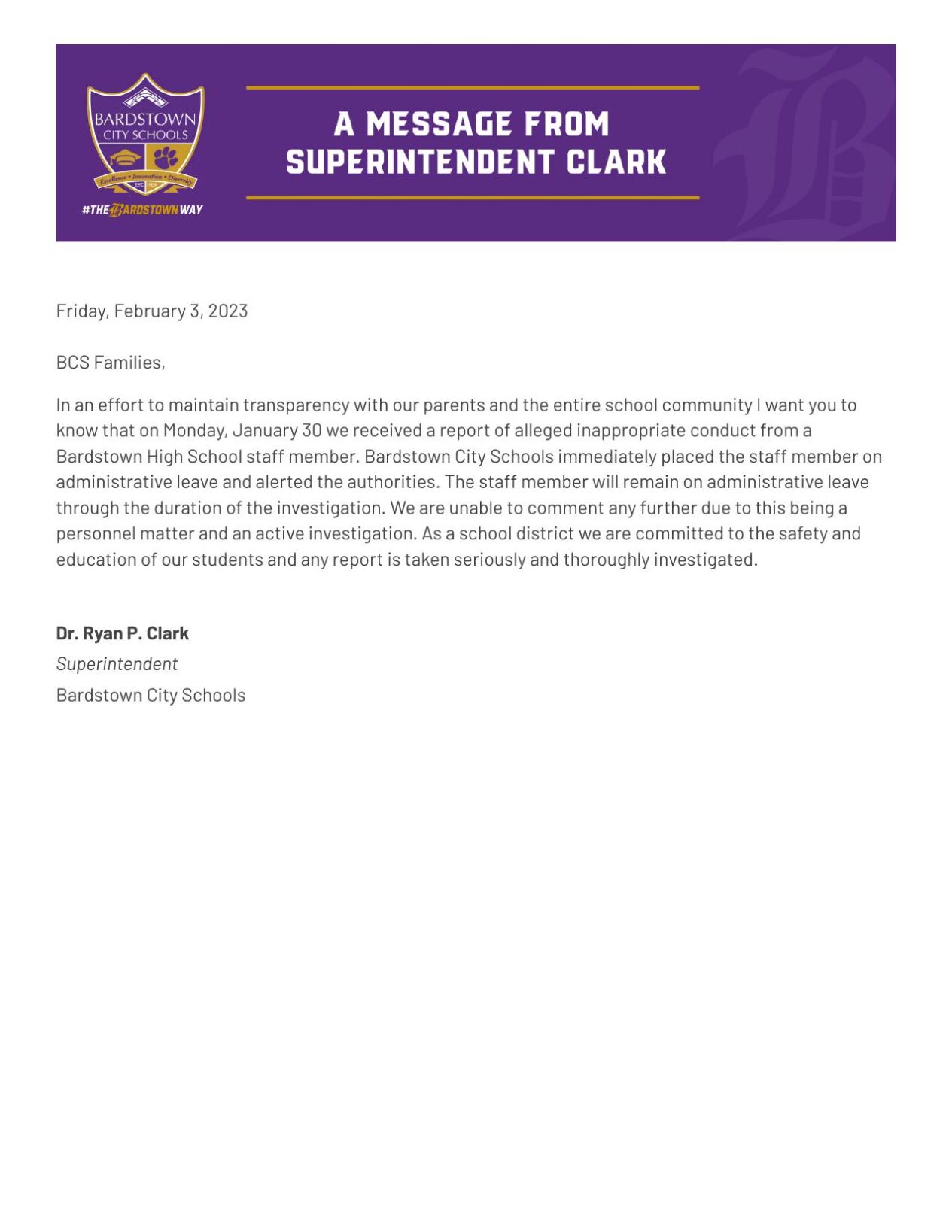 Bardstown City Schools letter about staff member investigation
