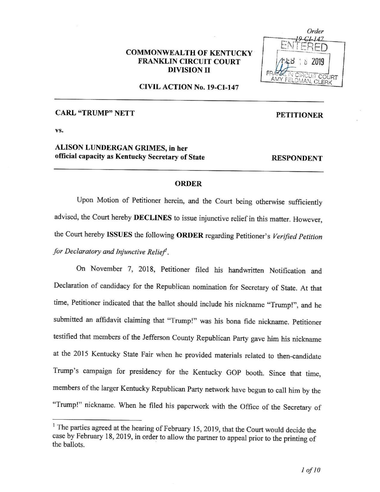 Carl Nett Sec. of State ballot ruling PDF